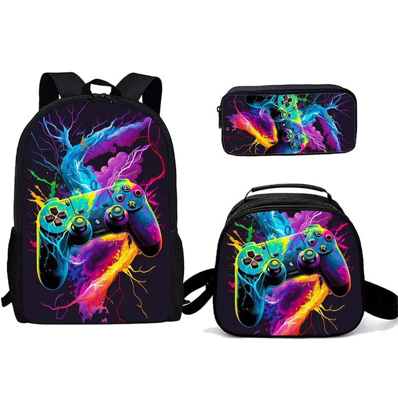 sac à dos tendance pour étudiants, imprimé 3d, 3 pièces/ensemble, avec sac à bandoulière, sac à déjeuner et trousse à crayons, pour ordinateur portable et console de jeux populaire