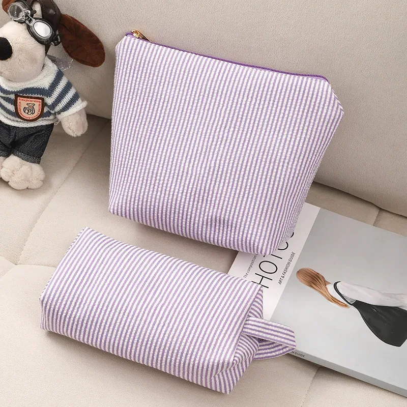 trousse polyester rayé rose violet bleu oreiller format voyage grande capacité maquillage cosmétiques femmes