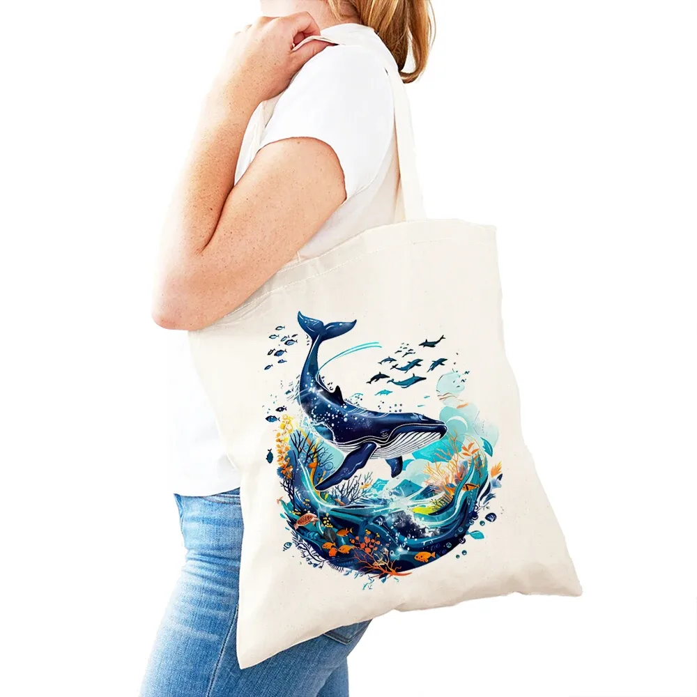 sac fourre-tout léger pour femme, motif baleine, dauphin, monde marin, sac de shopping pour fille, sac à main double impression monde des requins, sacs de shopping pour femme