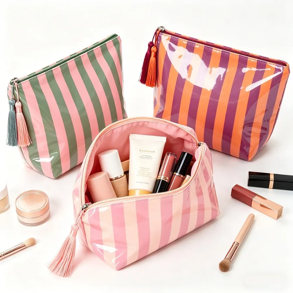 trousse de toilette rayée brillante grande capacité, sac de rangement cosmétique portable, pochette de voyage pour articles de toilette, sacs de voyage extérieurs