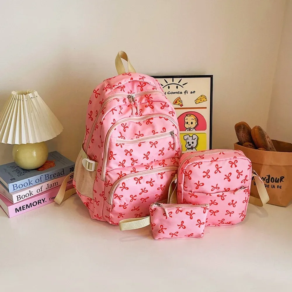 lot de 3 sacs à dos mignons grande capacité avec nœud, imprimé nœud, bretelles réglables, sac à dos d'étudiant en nylon, sac à dos de voyage