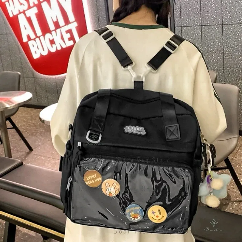 y2k-sac à dos ita pour femme, sac à dos avec badge bricolage, poche transparente pour fille, sac à main décontracté, nylon, grande capacité, initié, mode, mignon