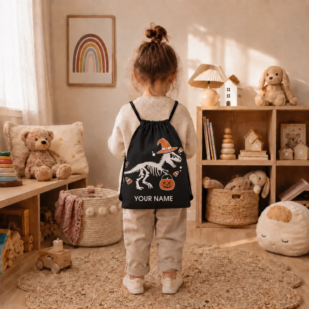 sac à dos personnalisé avec cordon de serrage, motif squelette de dinosaure, chapeau de sorcière citrouille d'halloween, pour enfants, 34x41cm