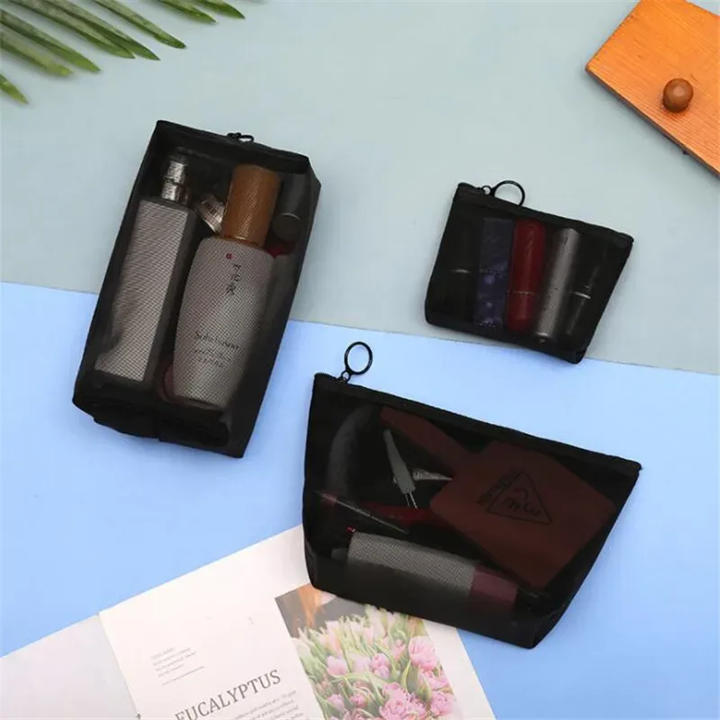 sacs à cosmétiques transparents en maille, petite et grande trousse de maquillage noire, trousse de toilette de voyage portable, trousse de rangement pour rouge à lèvres, poudres, 1pc