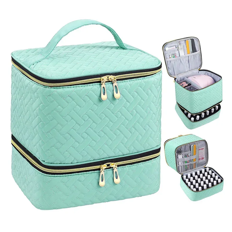 organisateur de vernis à ongles avec lumière uv intégrée, étui de transport double couche pour vernis à ongles, capacité de 30 flacons, sac de rangement, kit de manucure