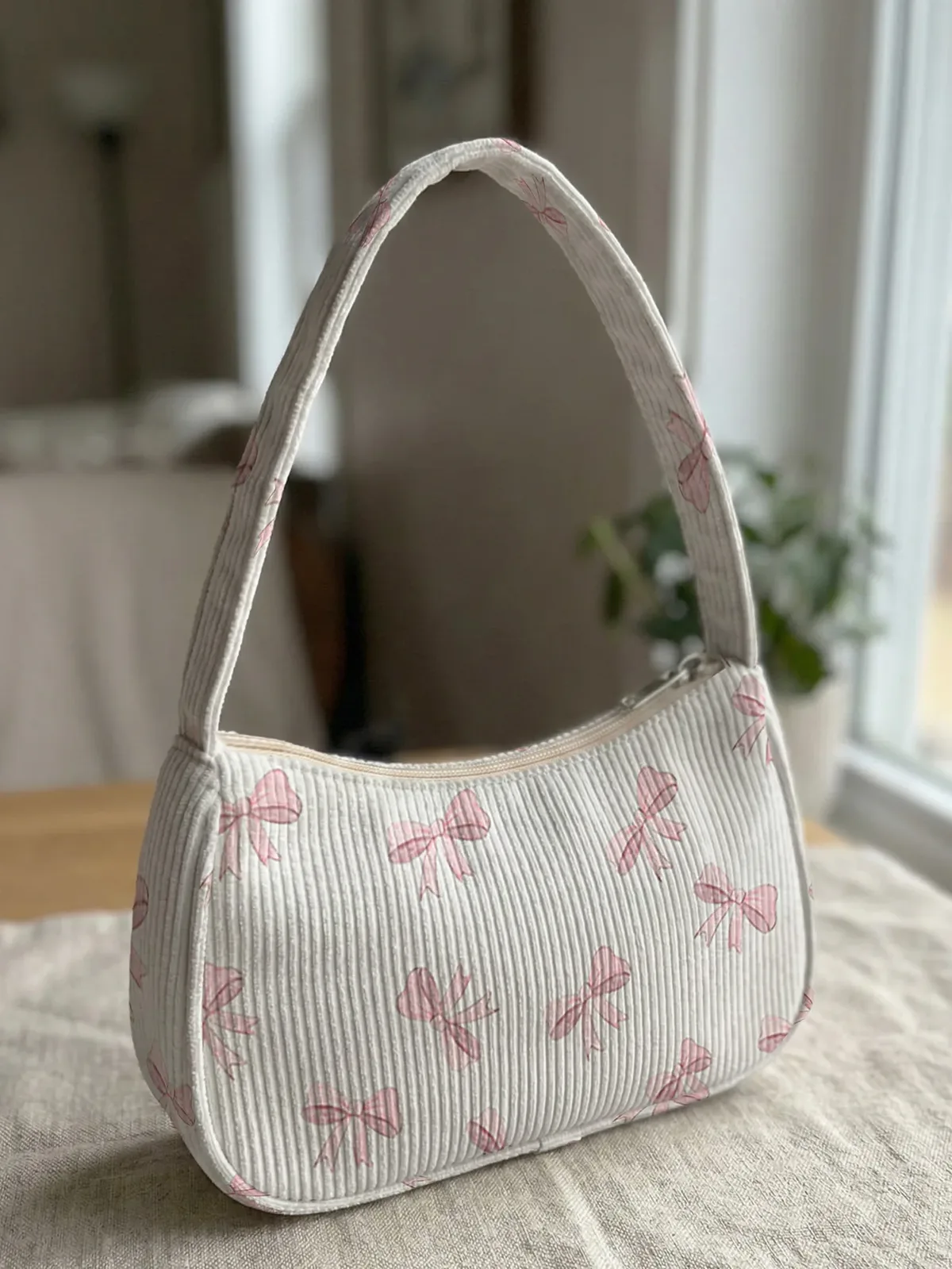 sac à bandoulière tendance imprimé nœud rose, sac sous le bras en velours côtelé beige pour usage quotidien décontracté
