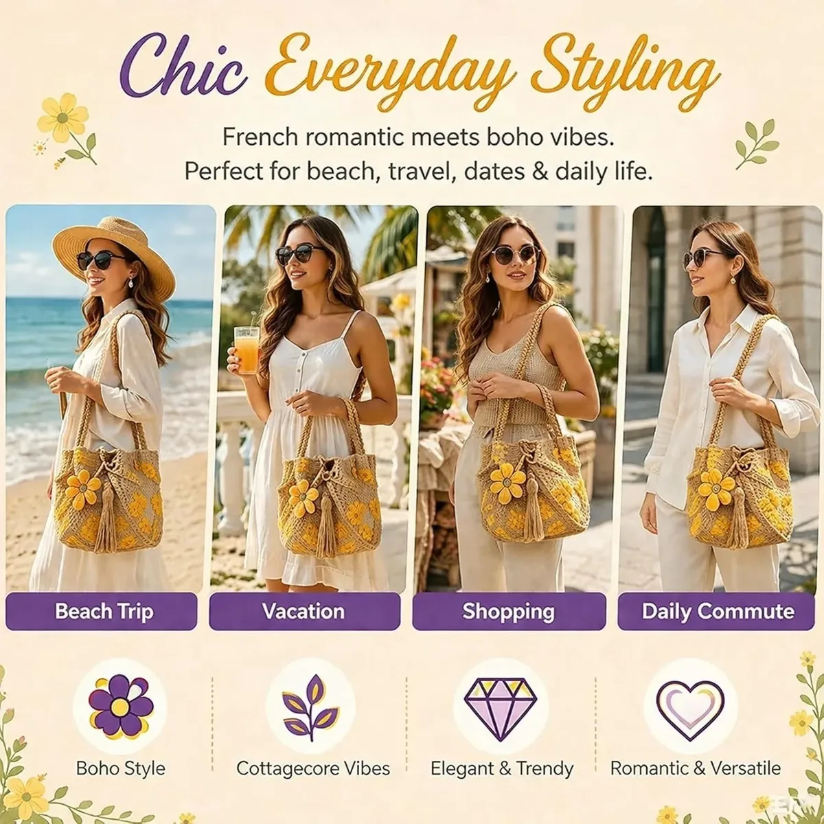 sac fourre-tout en crochet fait main avec fleurs, sac à main floral tricoté, sac de plage tissé style bohème
