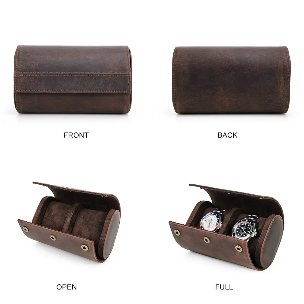 boîte à montre en cuir véritable, organisateur de rangement de montre portable rétro voyage montre rouleau étui support détachable pour hommes femmes