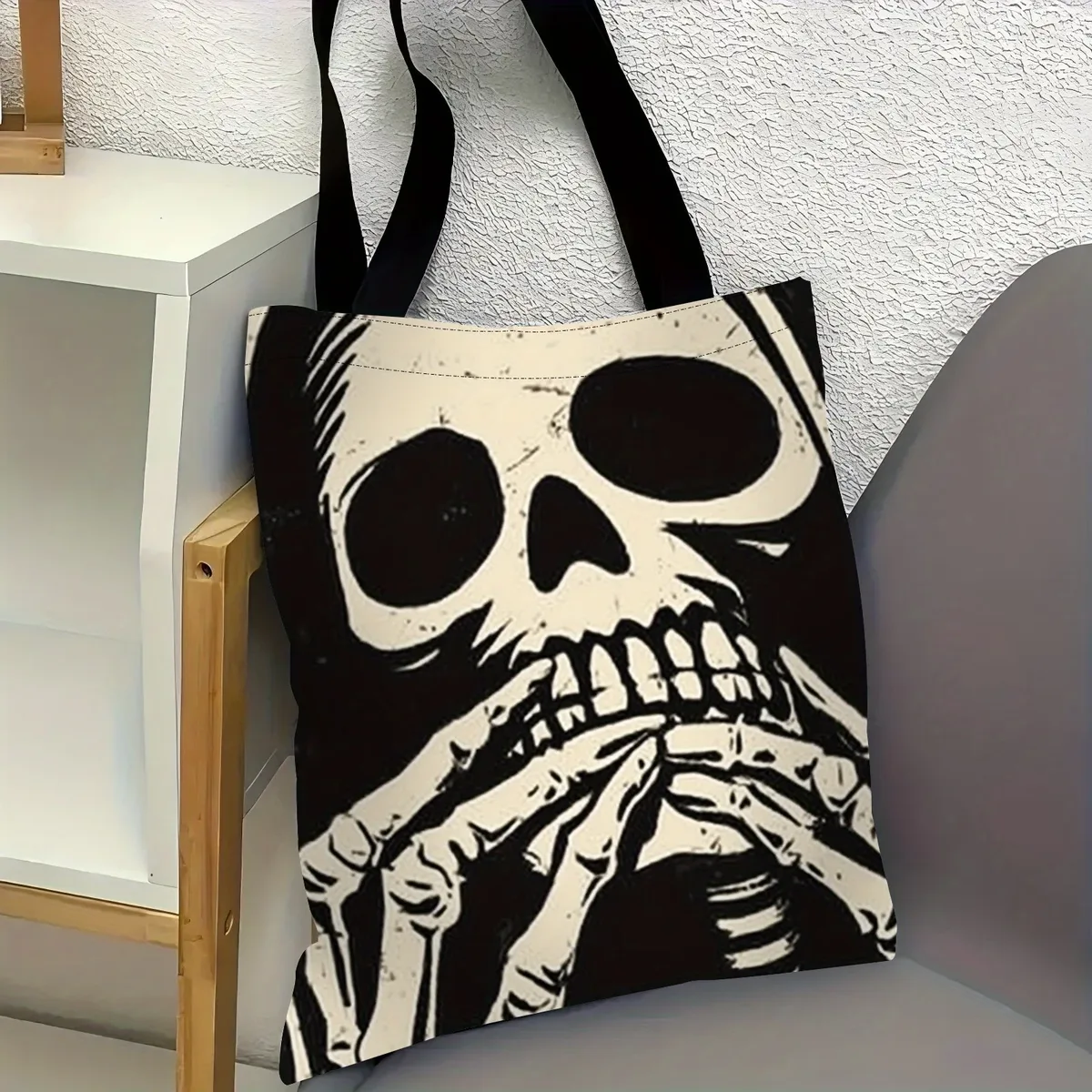 sac fourre-tout humoristique d'halloween, style hippie gothique, avec crânes noirs effrayants, sacs de courses réutilisables, sac à bandoulière de voyage
