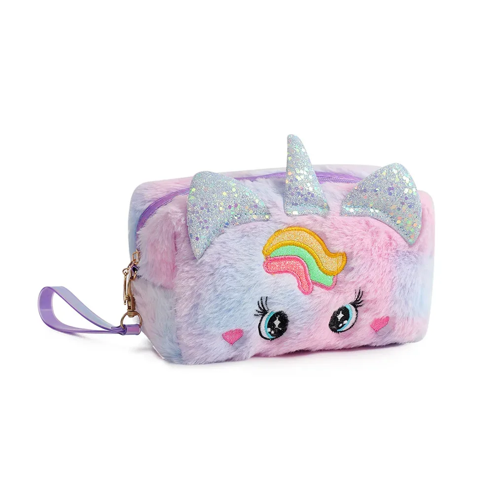 trousse toilette velours licorne rose bleu blanc design mignon ovale transport fille étudiante cosmétique maquillage