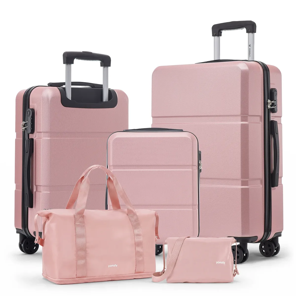 ensemble de valises yonsly 5 pièces 20/24/28 pouces, sac de voyage et trousse de toilette avec 4 roulettes 360° ° sac en maille avec serrure à combinaison, doubles fermetures éclair renforcées et poignée en caoutchouc souple pour les voyages longue distance en vacances.