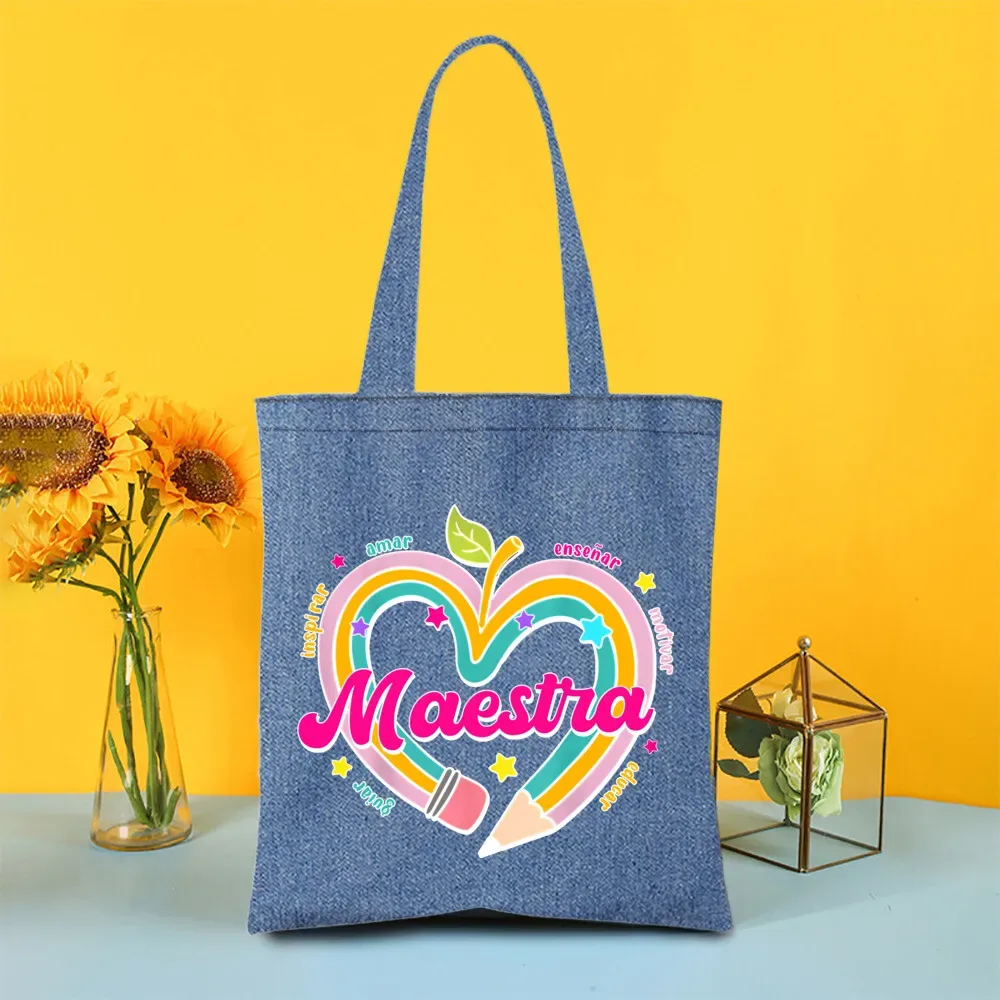 sac fourre-tout en denim peint pour enseignant arc-en-ciel, sacs de shopping pour femmes, sacs à main de voyage, fourre-tout pour la journée des enseignants, cadeaux de remerciement pour les enseignants