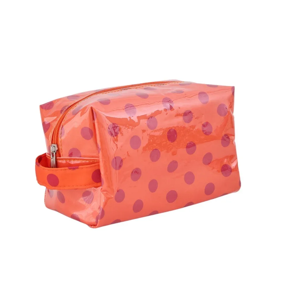 trousse cosmétique pvc imperméable pois bleus fond rose pâle compacte voyage maquillage toile oxford