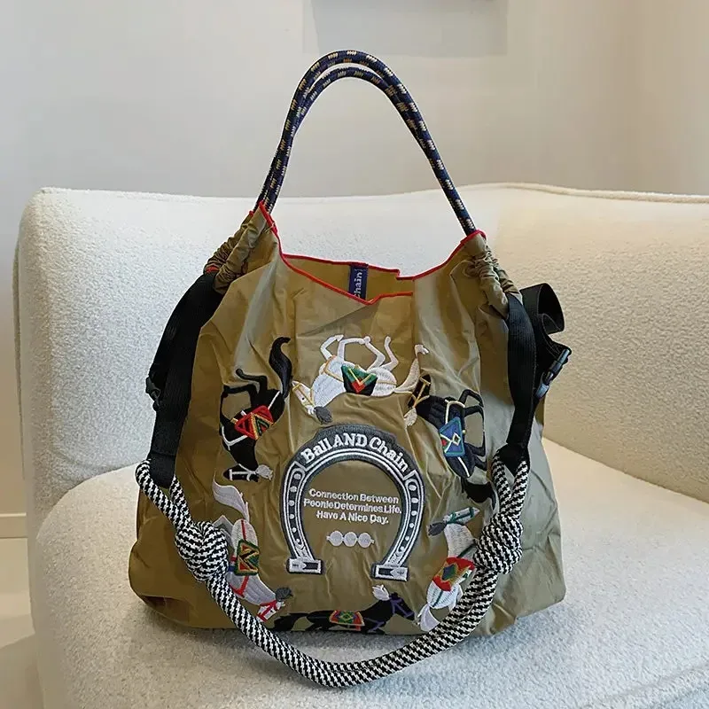 sac fourre-tout en nylon brodé pour femmes, sac messager de grande capacité, sac de shopping décontracté pour femmes