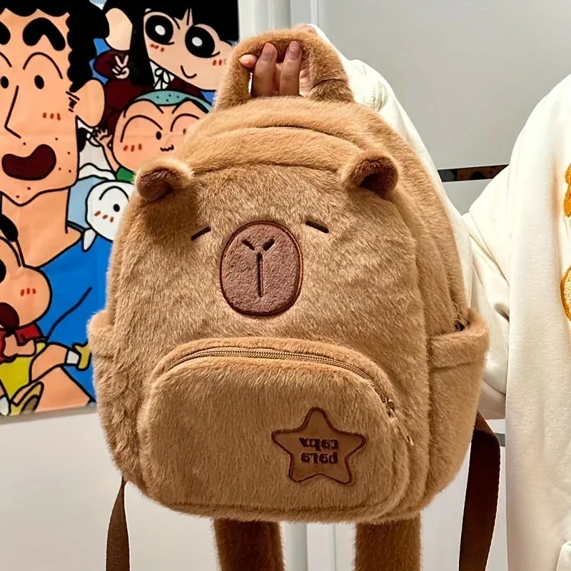 sac à dos en peluche capybara de grande capacité, sac en fausse fourrure imprimé animal de dessin animé mignon, pochette zippée pour femmes, cadeau de noël idéal