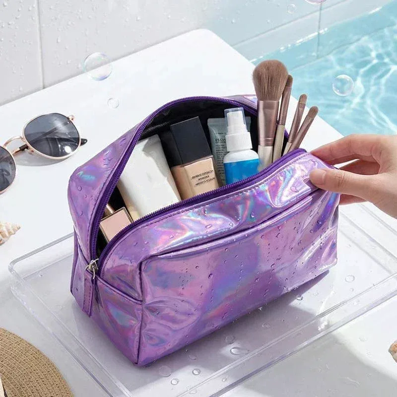 sac cosmétique laser couleur unie, étanche, portable, pour rangement de produits de toilette, sac cadeau maquillage, pochette de maquillage, organisateur de cosmétiques de voyage