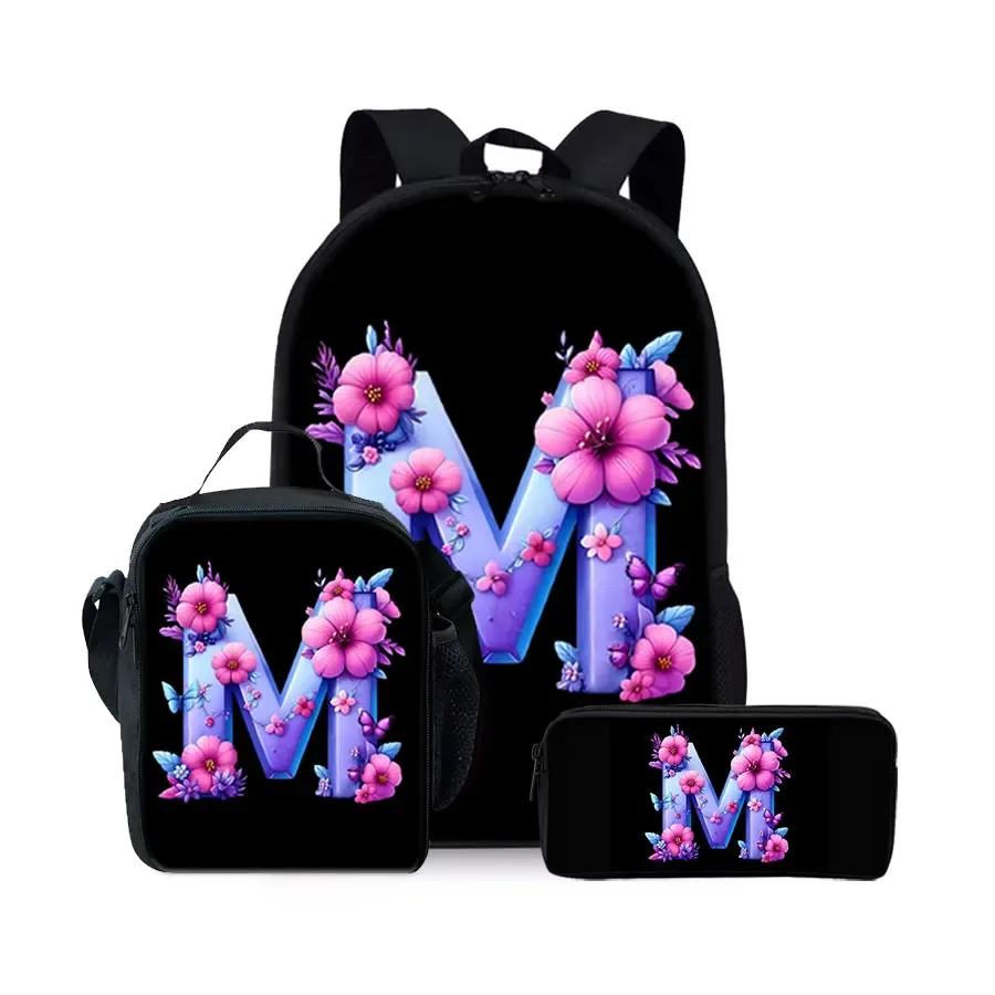 nouvel ensemble de sacs à dos trois pièces à motif alphabet anglais pour garçons et filles – meilleurs cadeaux – sac à dos scolaire plat 2d dessin animé pour enfants