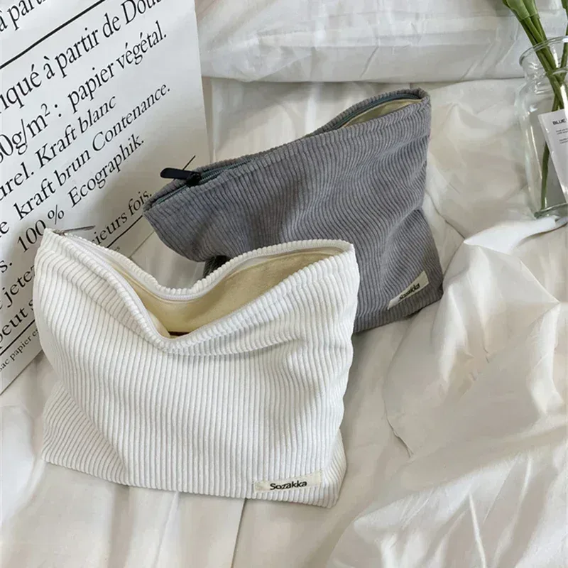 sac à cosmétiques en velours côtelé pour femmes, grande capacité, organisateur de rangement de maquillage, pochette à fermeture éclair