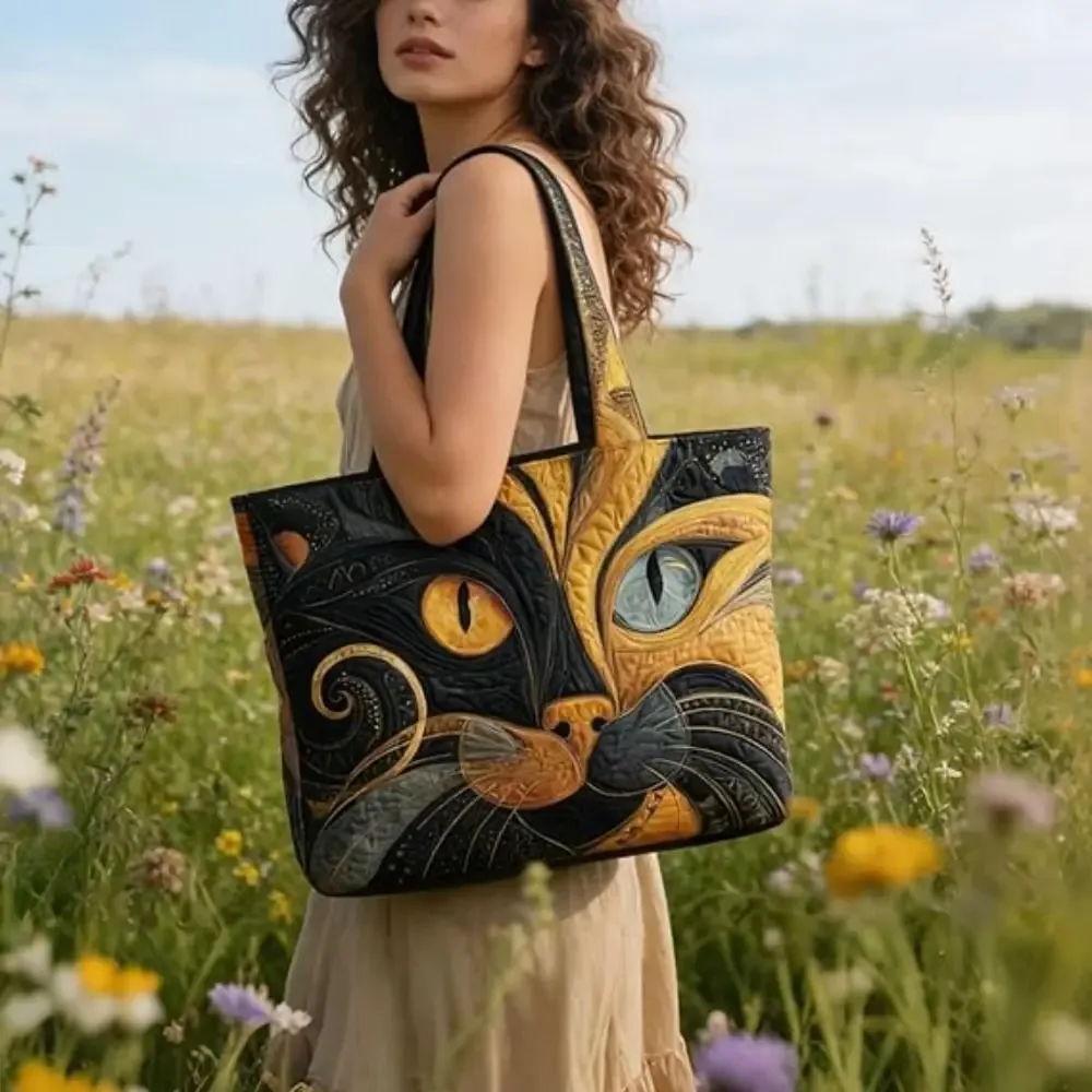 sac fourre-tout matelassé à motifs de chats pour femmes, sac à bandoulière en toile légère vintage, sac de voyage en coton de grande capacité pour femme et fille