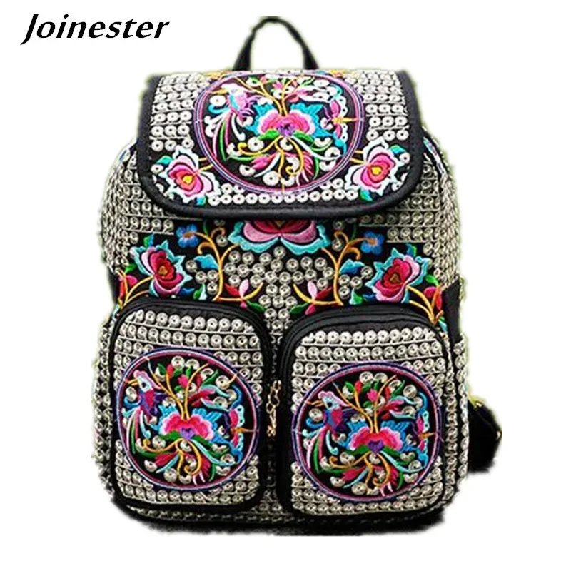 sac à dos vintage en toile brodée florale, sac à dos ethnique décontracté pour filles avec plusieurs poches, cartable à rabat, sac de voyage pour dames