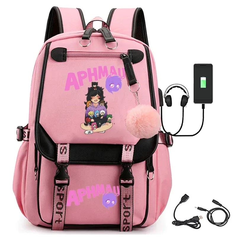 sac dos toile noire broderie fille chat bleu texte aphmau rose bandes latérales cuir sport poche rabat décontracté