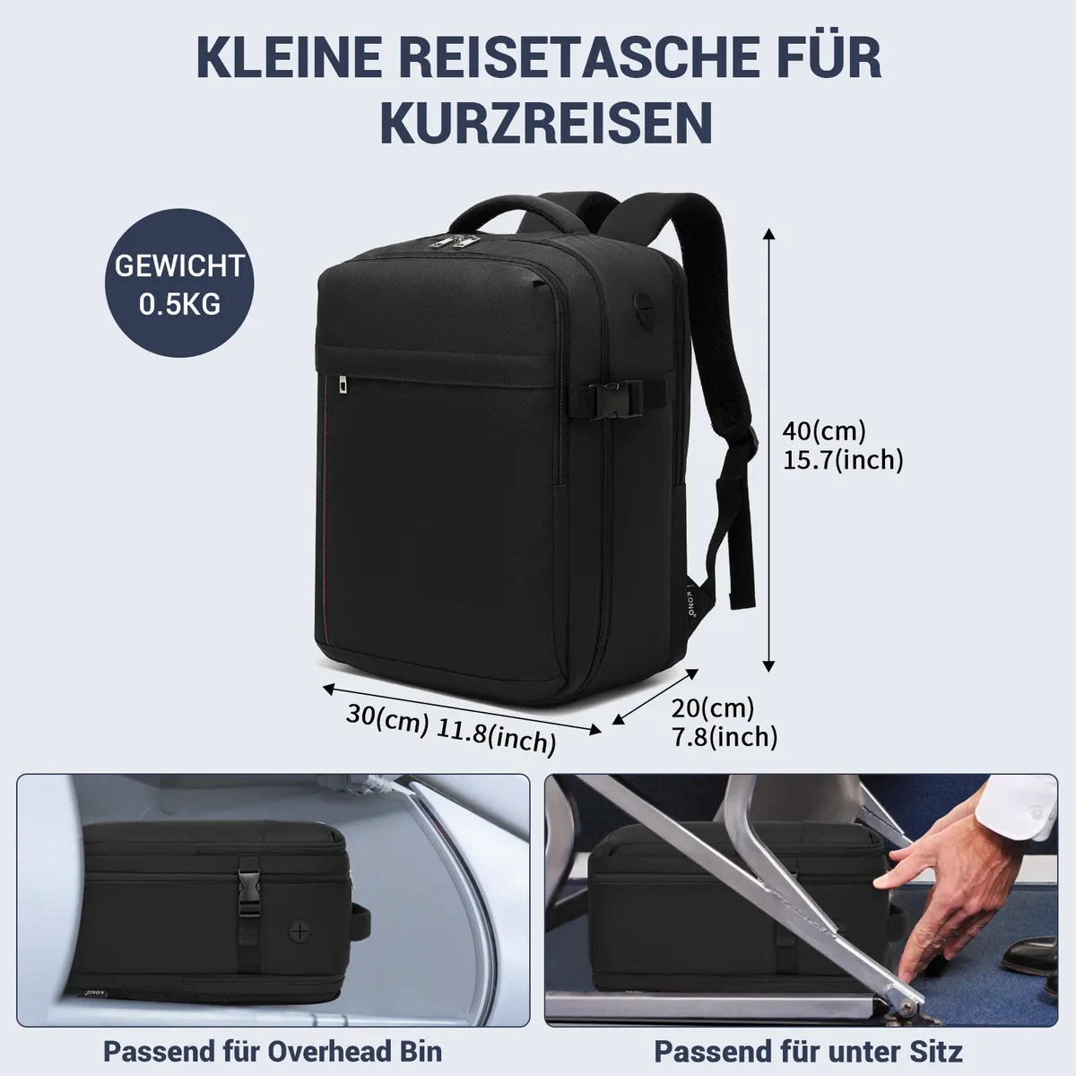 sac à dos de voyage kono pour ryanair & eurowings (40x30x20 cm, 24l) - ultra-léger avec port de charge usb et compartiment pour ordinateur portable jusqu'à 15,6 pouces