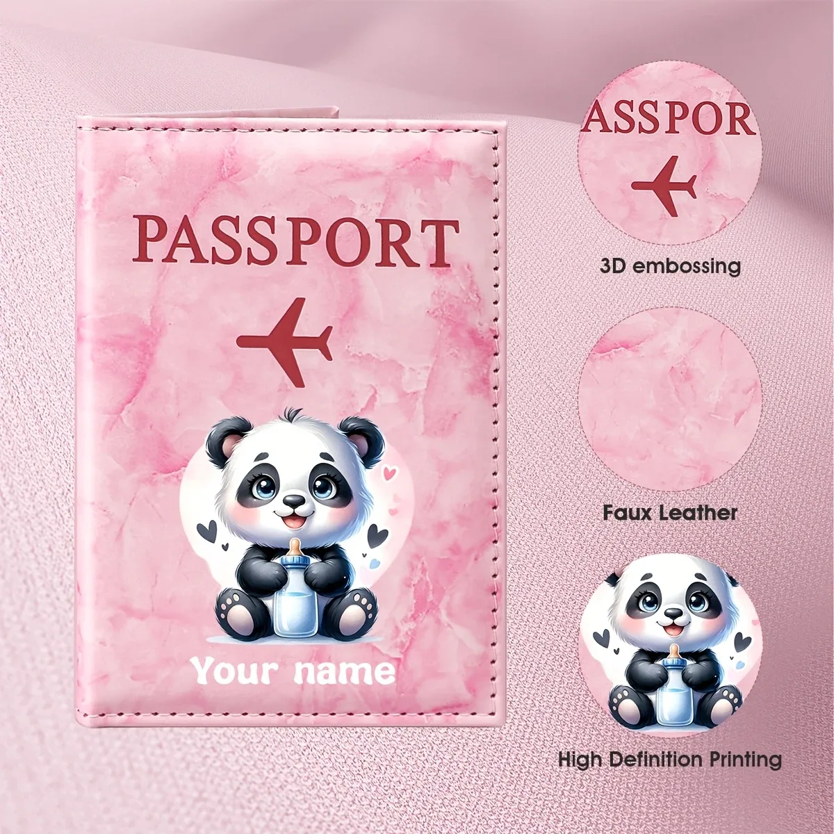 Porte-passeport personnalisé avec nom, design d'illustration de panda mignon, motif de panda adorables tenant un cœur