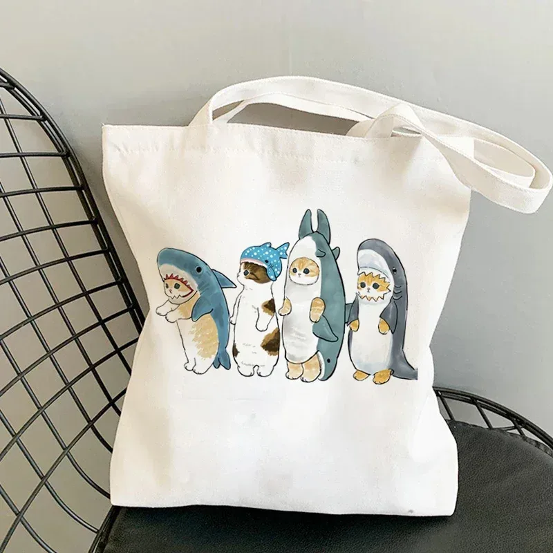 femme sacs à provisions kawaii dessin animé chats amusant sac fourre-tout shopper organisateur décontracté déjeuner sacs à main grande capacité toile sacs à bandoulière