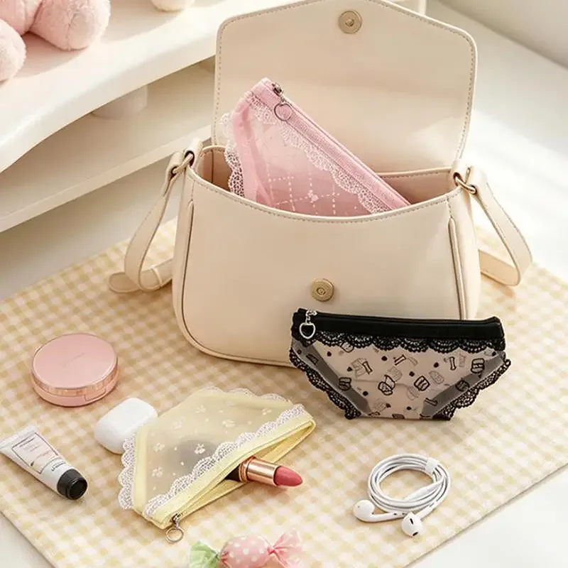 trousse de maquillage transparente en dentelle et résille, forme de sous-vêtement mignon, pochette de rangement pour crayons, quotidien/voyage