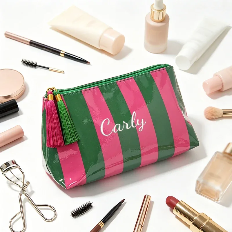 broderie personnalisée/2 options de style standard, pochette rayée, trousse de maquillage à fermeture éclair avec pompon délicat, saison rentrée scolaire, cadeau