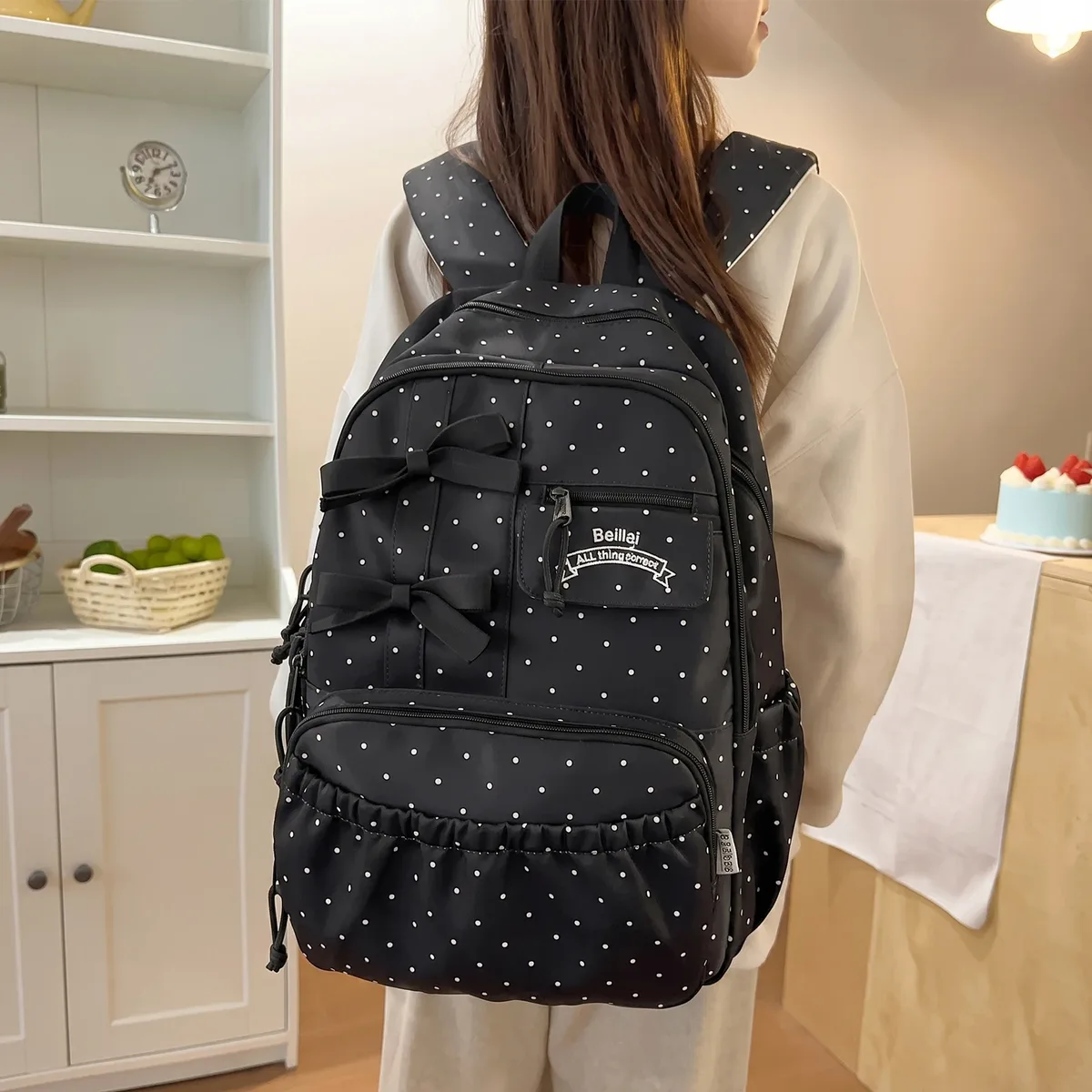 sac mignon et kawaii pour filles, sac à dos esthétique à pois et nœud, léger, multi-compartiments, bretelles respirantes