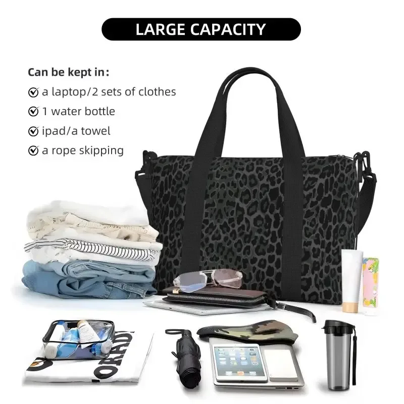sac de voyage imprimé léopard noir, grands sacs de nuit imperméables pour week-end avec bandoulière, sac de sport pliable