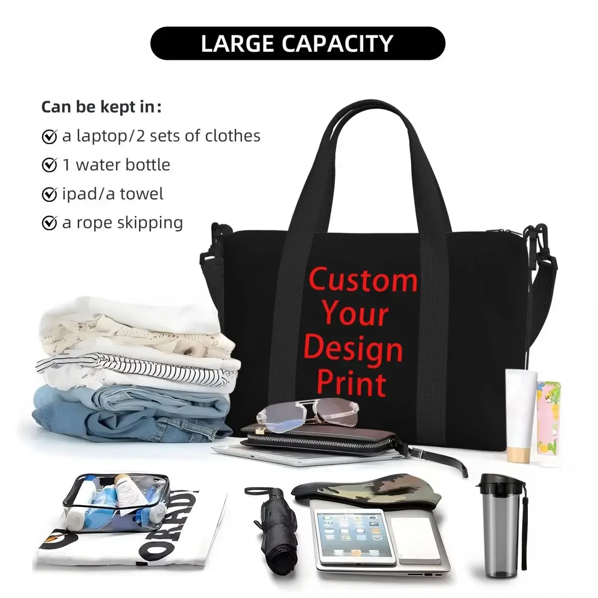 sac fourre-tout personnalisé pour femme, grande capacité, logo personnalisé imprimé, sac de voyage initié à la gym de plage