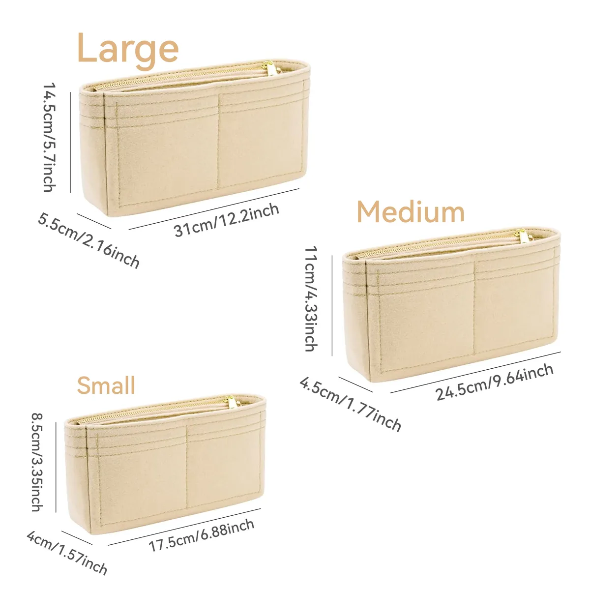 insert organisateur de sac à main en feutre avec fermeture éclair – pochette intérieure pour sacs à bandoulière, sacs à main et fourre-tout, sac de rangement pour femmes, 3 tailles
