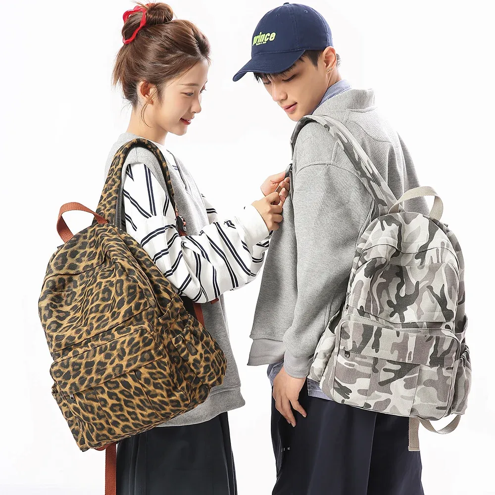 sac à dos en toile pour femmes, hommes et couples, unisexe, décontracté, imprimé léopard et camouflage, sac de voyage, sac à dos d'école, sac à bandoulière rétro