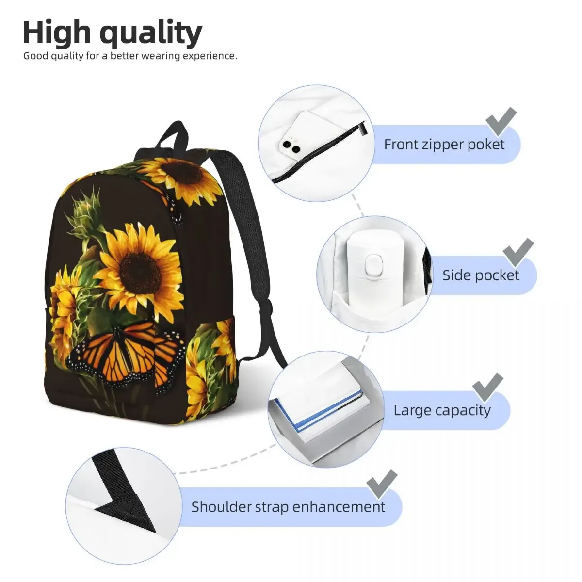 tournesol et papillon photo sac à dos homme école étudiant sac à dos femme grande capacité sac à dos pour ordinateur portable