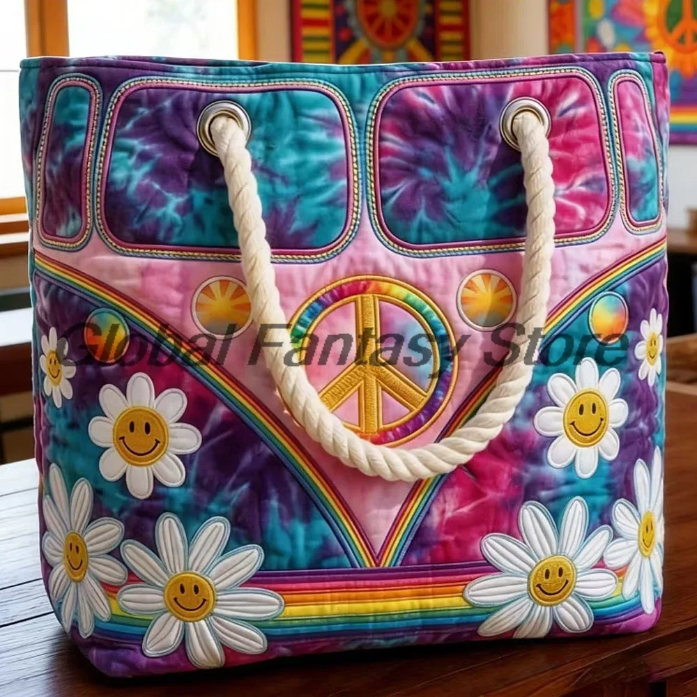 sac de plage matelassé style hippie vintage, sac à bandoulière bohème avec imprimé floral et signe de la paix, sac à main quotidien pour hommes et femmes, sac de shopping
