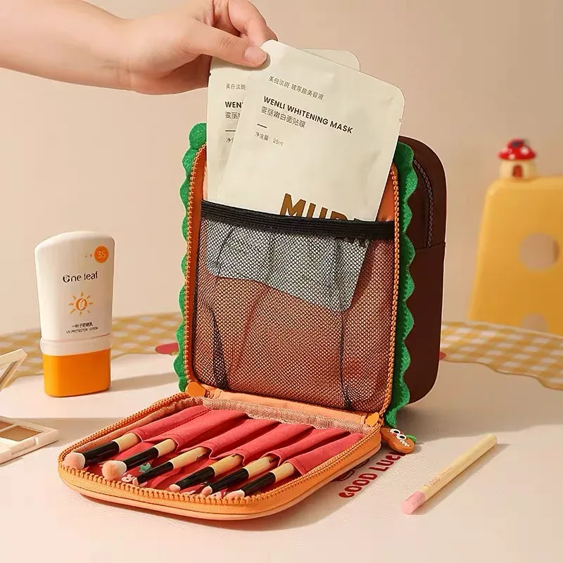 trousse de toilette de voyage portable en tissu oxford imperméable motif tour de toast mignon pour maquillage et voyages d'affaires