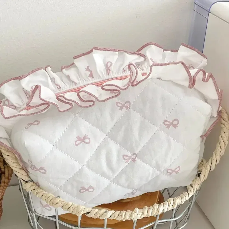 sac de maquillage avec nœud en dentelle pour femmes, sac à cosmétiques portable, sac de rangement de voyage mignon, pochette de toilette de grande capacité, sac à main féminin