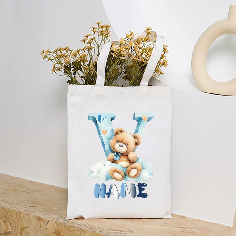 sacs fourre-tout en toile college nuage ours et alphabet personnalisés, sacs à main personnalisés de grande capacité, cadeaux de portabilité pour la rentrée scolaire