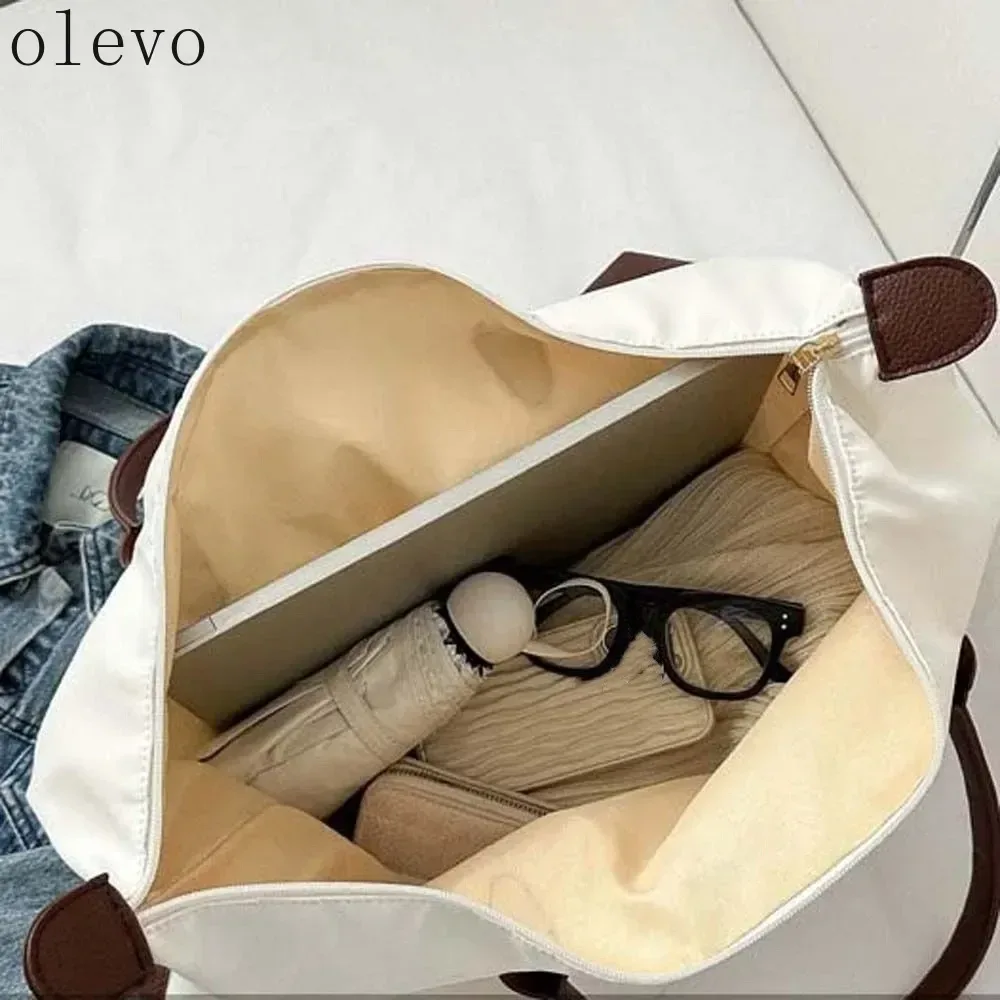 sac fourre-tout en nylon oxford imperméable de couleur unie, avec garniture en cuir coréen, sac à bandoulière sous le bras, pour les trajets quotidiens