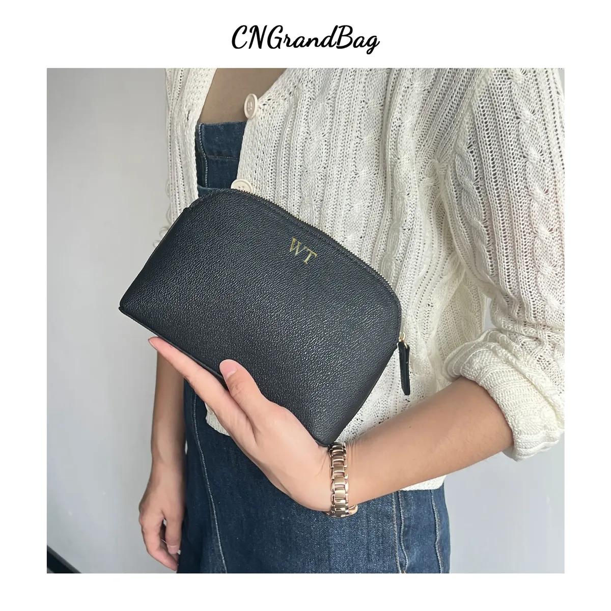 sac de rangement de cosmétiques en cuir pu avec lettres personnalisées, sac de maquillage de couleur unie d'atmosphère simple classique, sac de lavage avancé à fermeture éclair