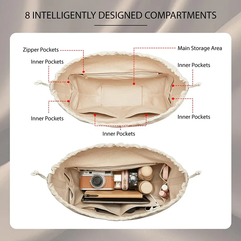 organisateur de sac en toile pour sacs cyme, insert léger et imperméable avec fermeture à cordon et fermeture éclair ykk