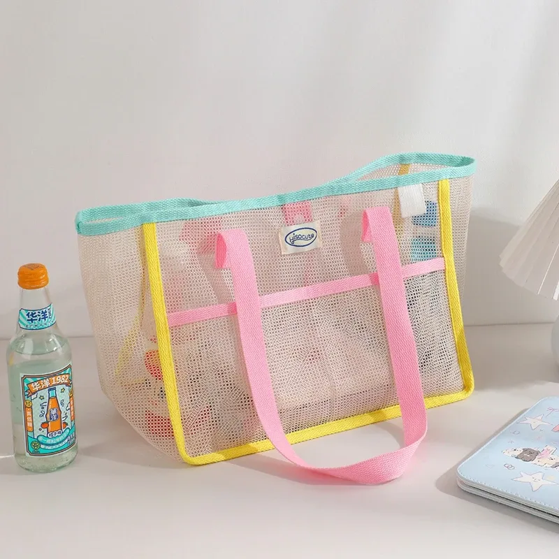 sac fourre-tout en maille mignon, sac de plage portable, respirant, à séchage rapide, pliable, grande capacité, sac à bandoulière pour femmes et filles