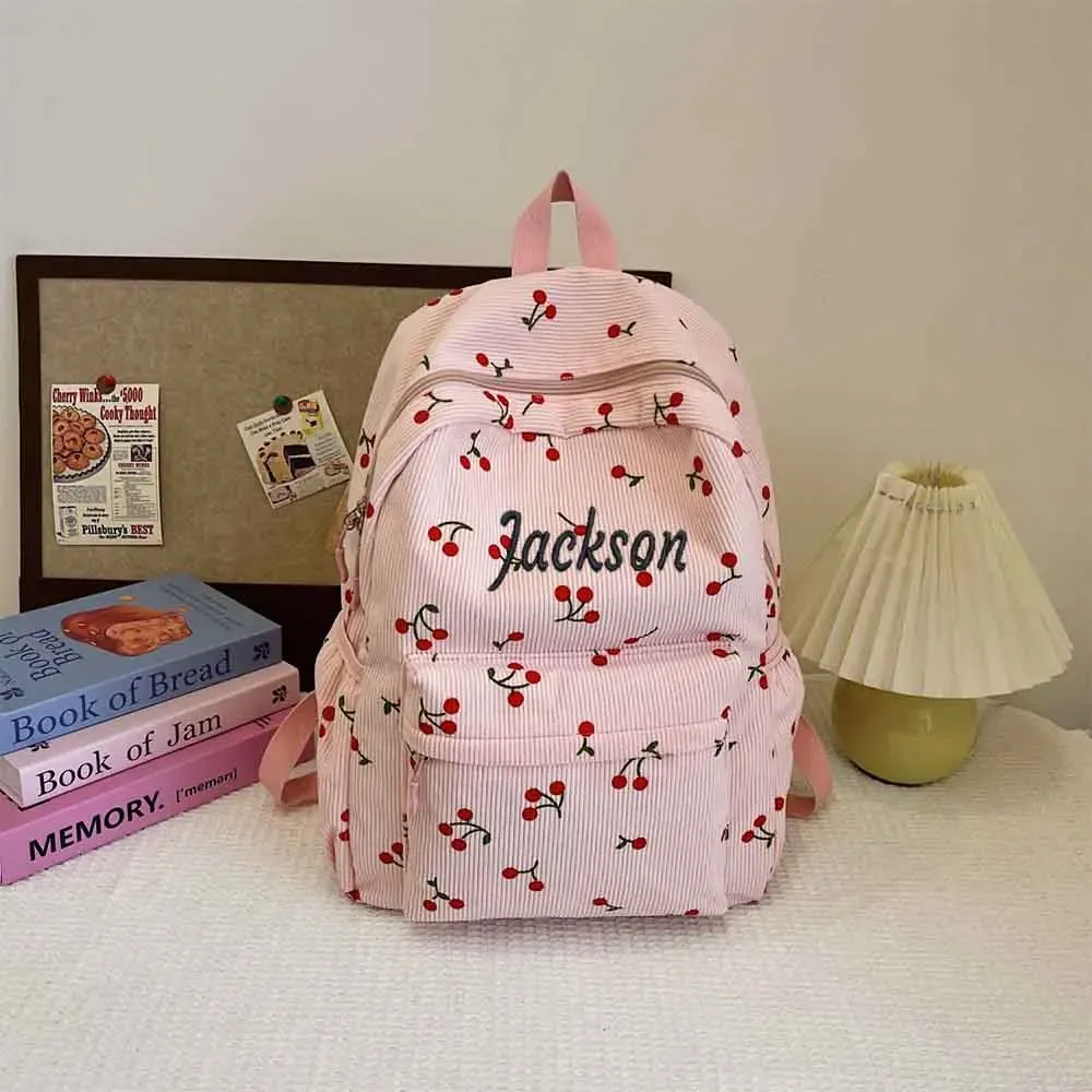 sac à dos personnalisé en velours côtelé cerise, sac de voyage universitaire brodé personnalisé, sac pour enfants avec toute lettre, cadeau de noël unique