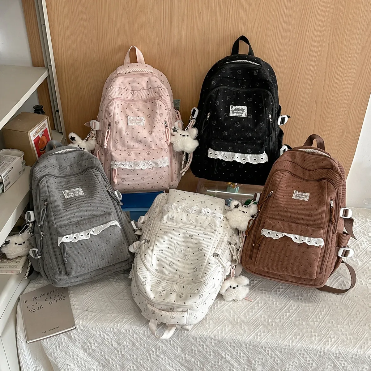 sac à dos décontracté en velours côtelé gris pour femme, motif étoile, breloque ours en peluche, multi-poches, sangle réglable, pour usage quotidien et scolaire 2026