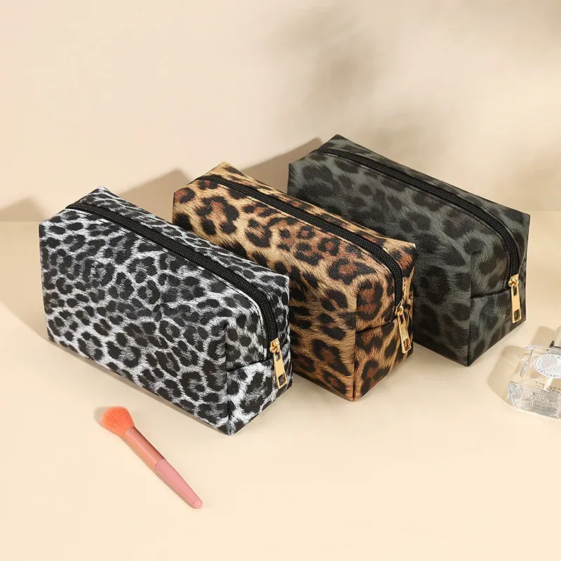 sac de maquillage de voyage en pu pour femmes, léopard, grande capacité, sac de rangement portable à fermeture éclair, sacs à main, sac de toilette de salle de bain, sac à cosmétiques