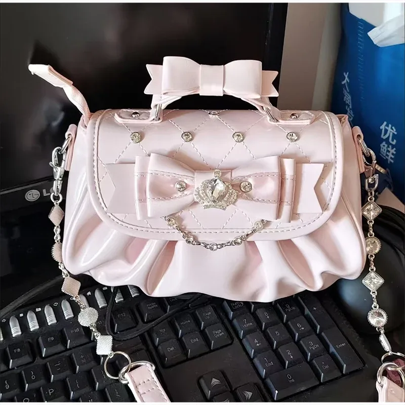sac sous le bras élégant rose avec nœud et strass, sac à bandoulière plissé style sweet lolita, sac à main portable avec poignée nœud, jolie pochette ita
