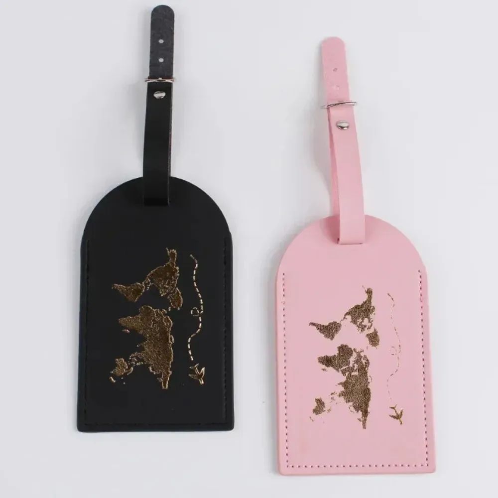 étiquette bagage pu leather ovale noir motif doré carte monde rose clair voyage identification bagage