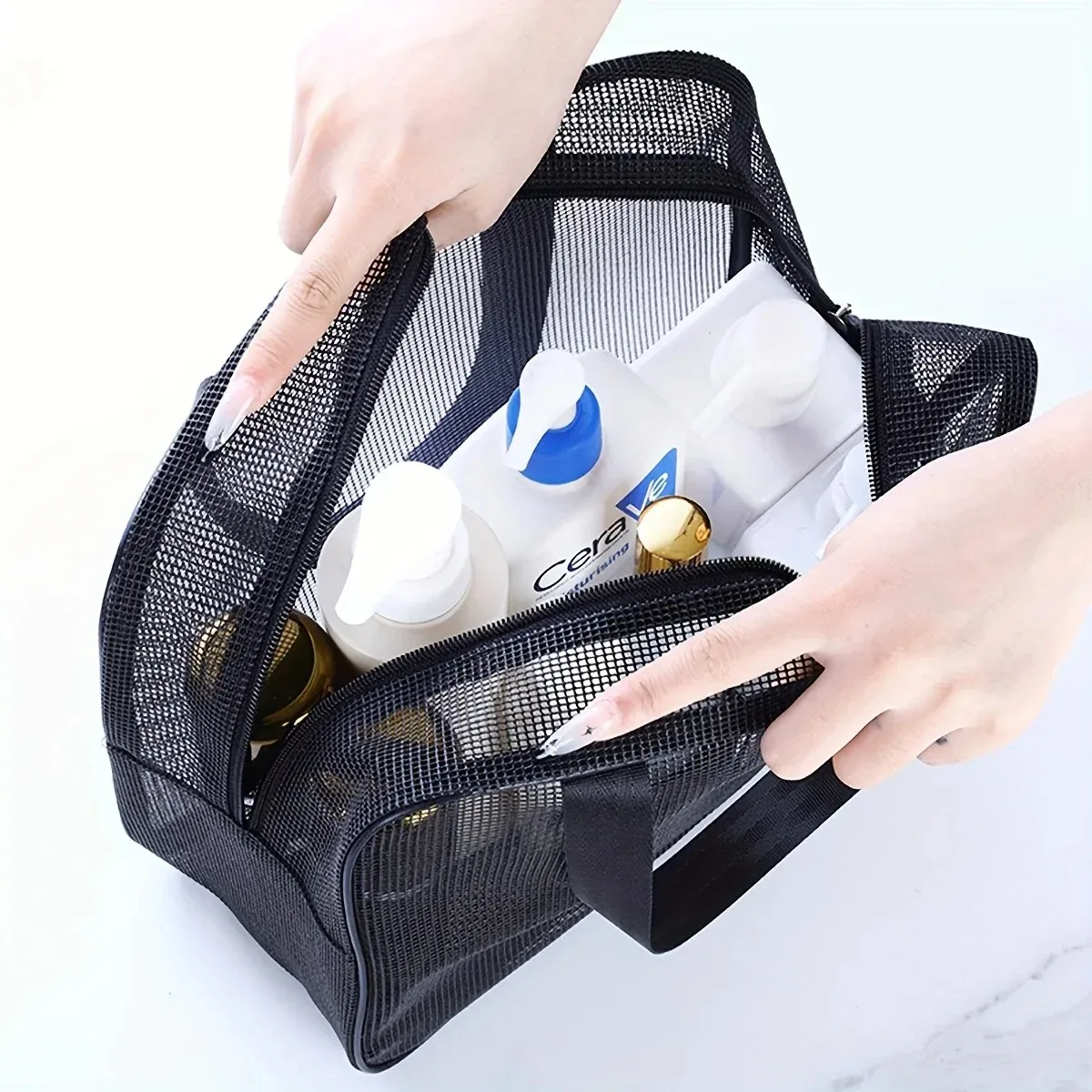 sac de douche en maille, sac de rangement cosmétique, sac de douche multifonctionnel, grande capacité, organisateur de toilette portable